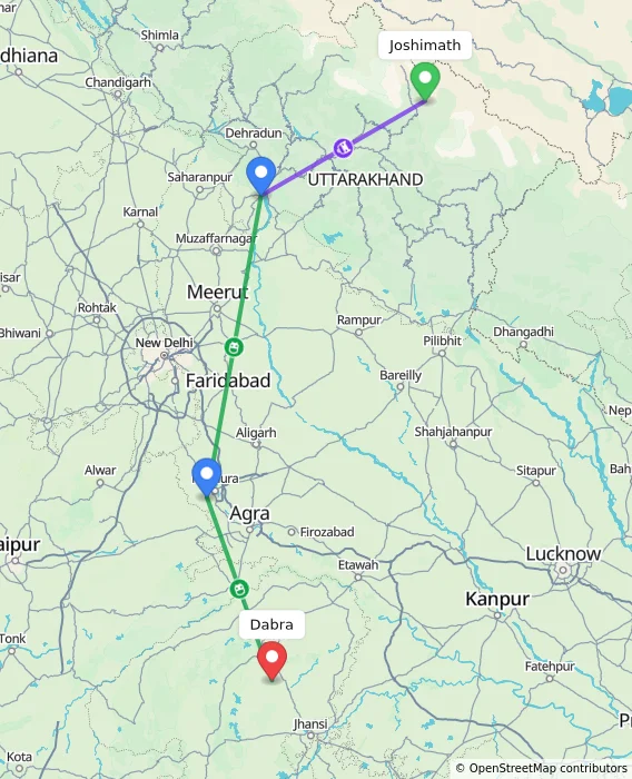 Route map showing distance and travel time from Joshimath, India to Dabra, India