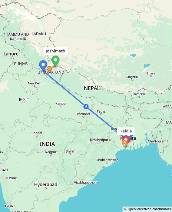 Route map showing distance and travel time from Joshimath, India to Haldia, India