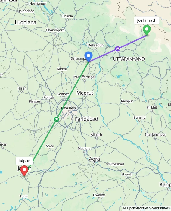 Route map showing distance and travel time from Joshimath, India to Jaipur, India