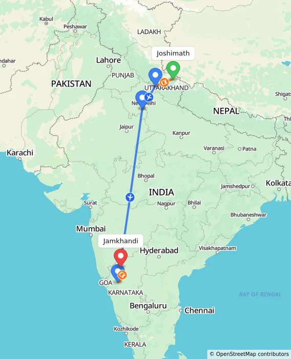 Route map showing distance and travel time from Joshimath, India to Jamkhandi, India