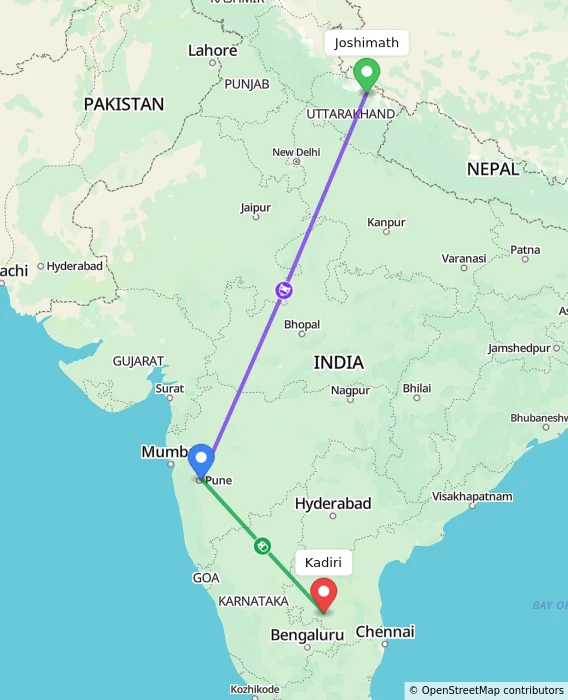 Route map showing distance and travel time from Joshimath, India to Kadiri, India