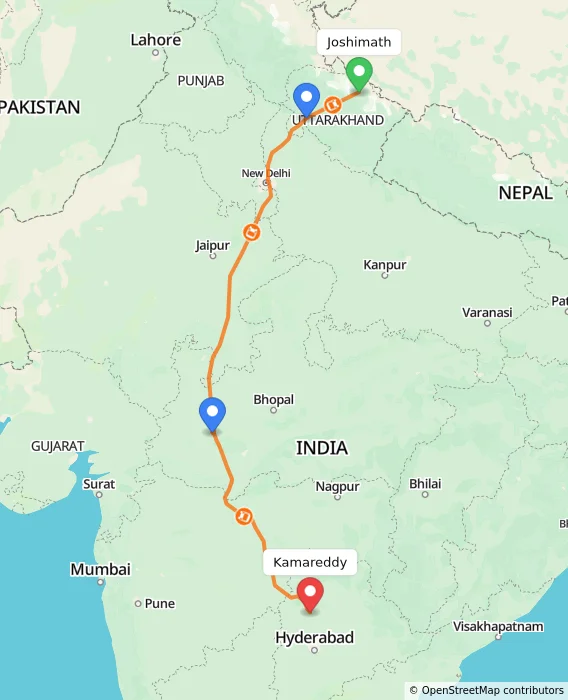 Route map showing distance and travel time from Joshimath, India to Kamareddy, India