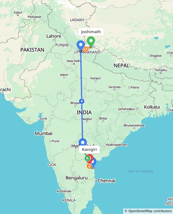 Route map showing distance and travel time from Joshimath, India to Kanigiri, India