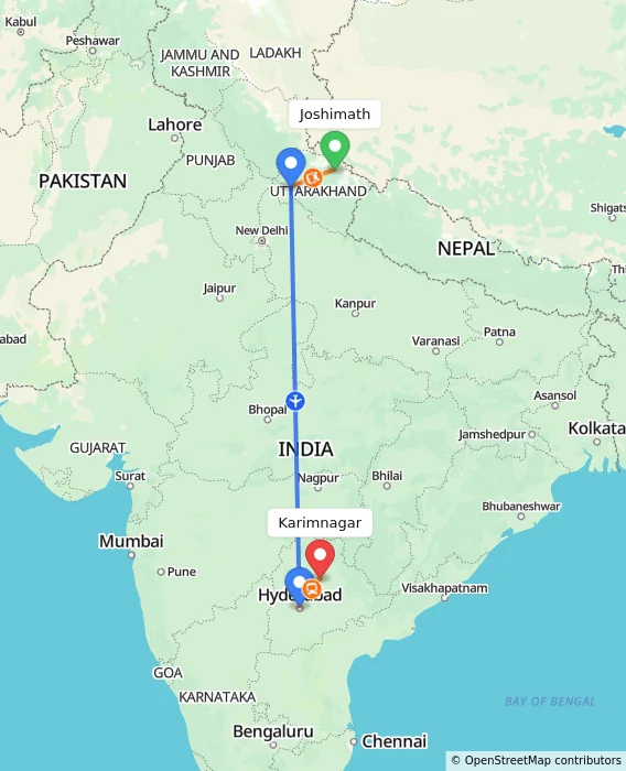 Route map showing distance and travel time from Joshimath, India to Karimnagar, India