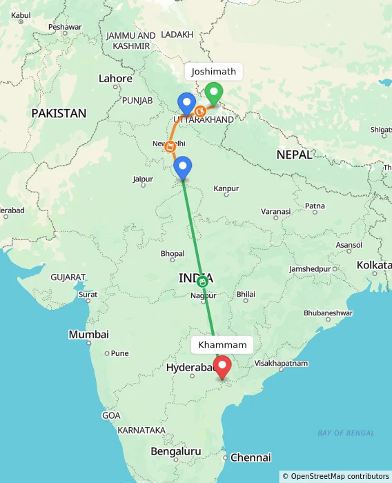 Route map showing distance and travel time from Joshimath, India to Khammam, India
