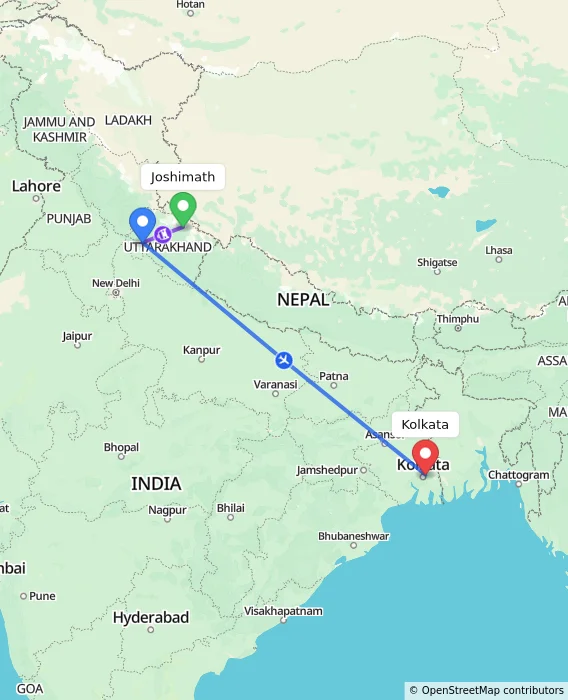 Route map showing distance and travel time from Joshimath, India to Kolkata, India