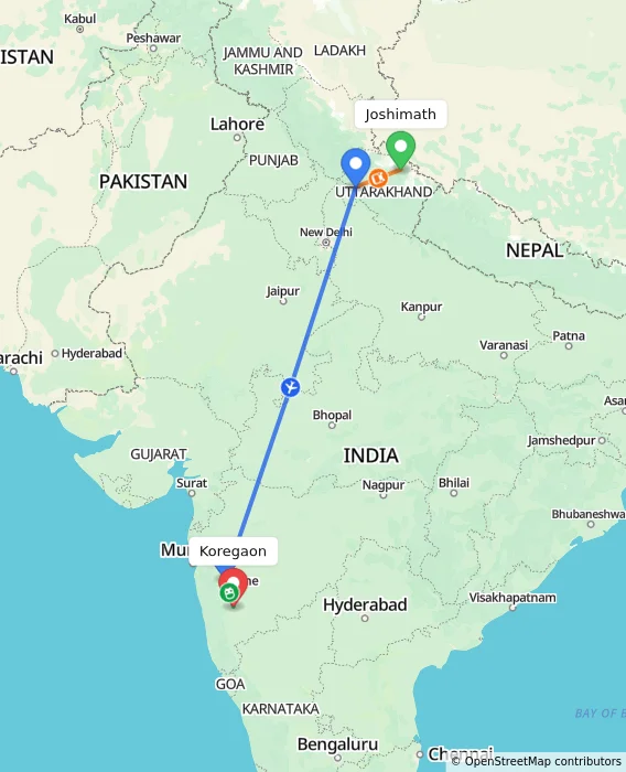 Route map showing distance and travel time from Joshimath, India to Koregaon, India