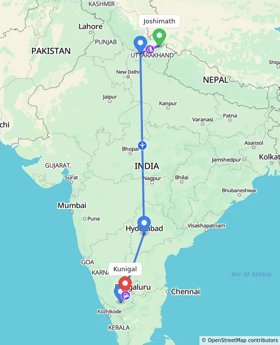 Route map showing distance and travel time from Joshimath, India to Kunigal, India