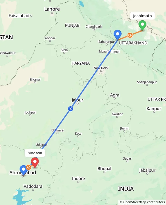 Route map showing distance and travel time from Joshimath, India to Modasa, India
