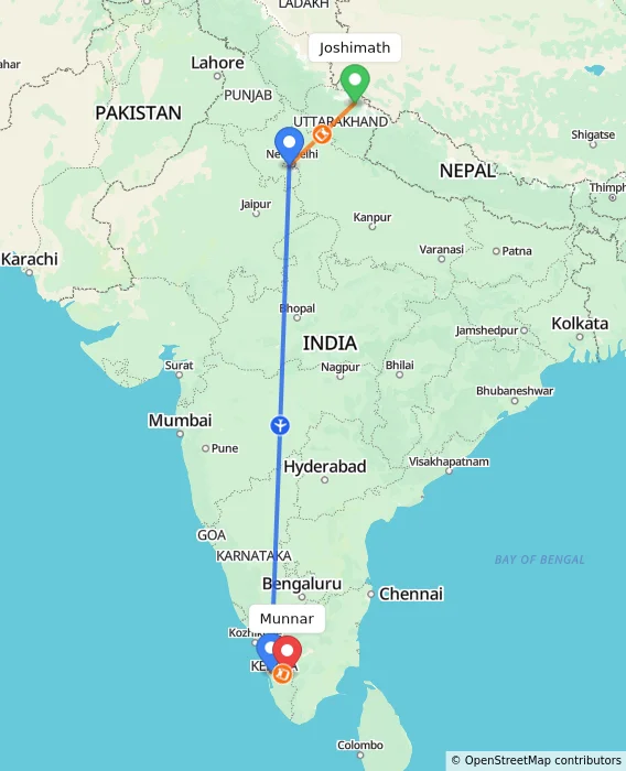 Route map showing distance and travel time from Joshimath, India to Munnar, India