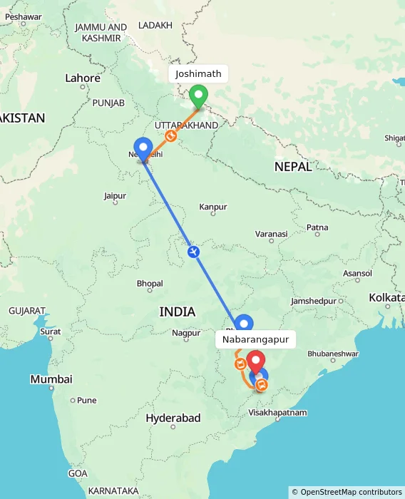 Route map showing distance and travel time from Joshimath, India to Nabarangapur, India