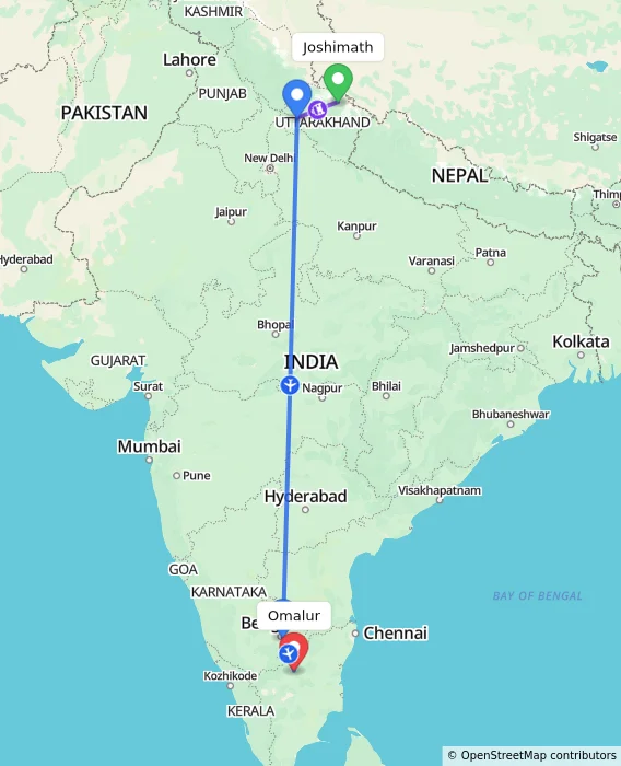 Route map showing distance and travel time from Joshimath, India to Omalur, India