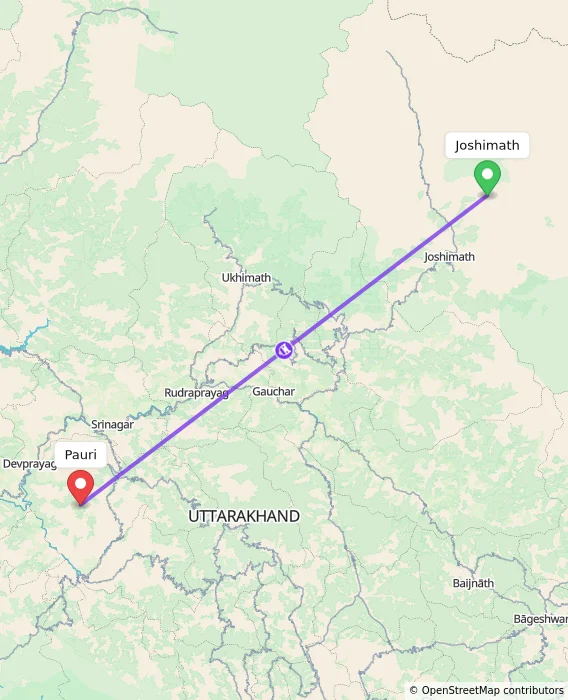 Route map showing distance and travel time from Joshimath, India to Pauri, India