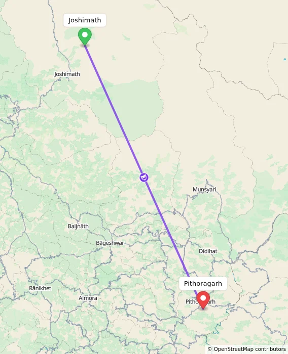 Route map showing distance and travel time from Joshimath, India to Pithoragarh, India