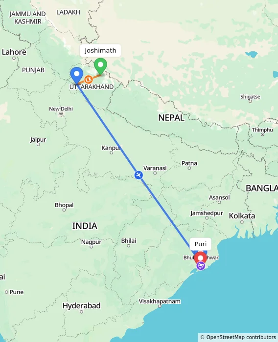 Route map showing distance and travel time from Joshimath, India to Puri, India