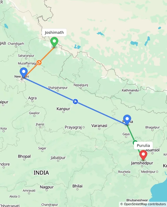 Route map showing distance and travel time from Joshimath, India to Purulia, India