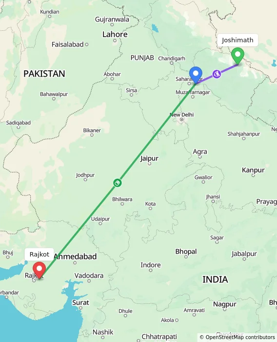 Route map showing distance and travel time from Joshimath, India to Rajkot, India