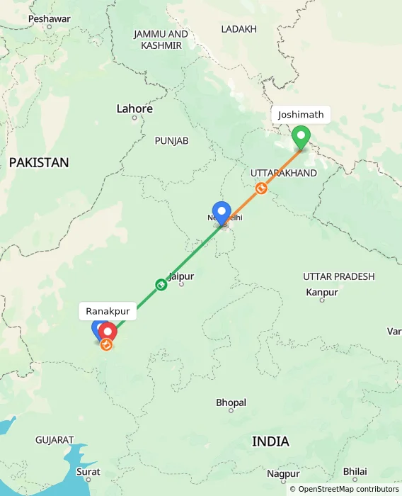 Route map showing distance and travel time from Joshimath, India to Ranakpur, India