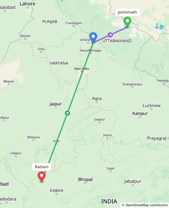 Route map showing distance and travel time from Joshimath, India to Ratlam, India