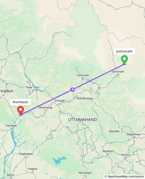Route map showing distance and travel time from Joshimath, India to Rishikesh, India