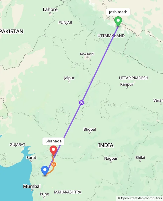 Route map showing distance and travel time from Joshimath, India to Shahada, India