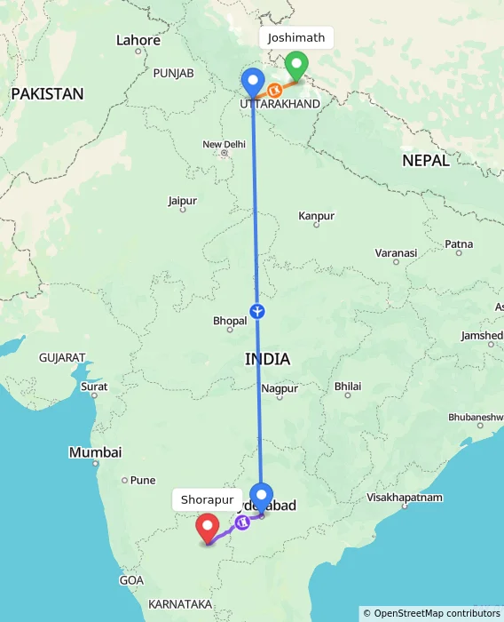 Route map showing distance and travel time from Joshimath, India to Shorapur, India