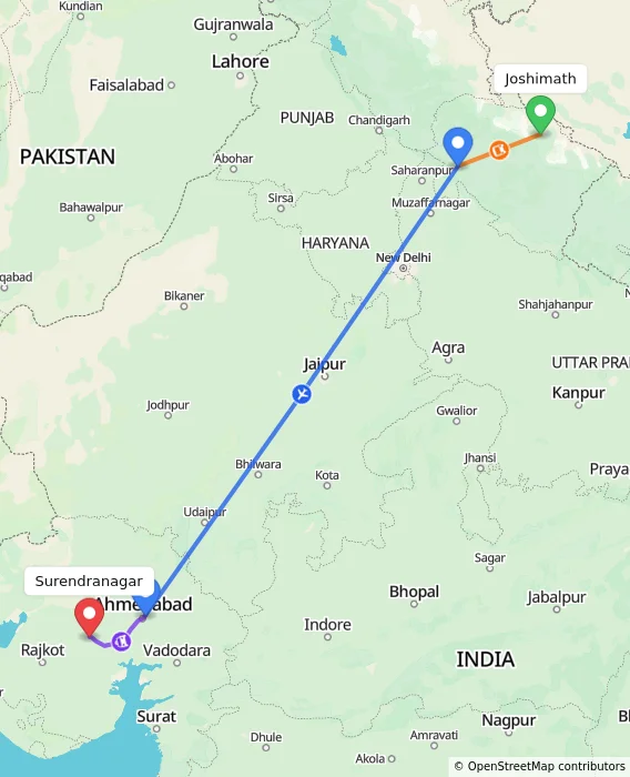 Route map showing distance and travel time from Joshimath, India to Surendranagar, India