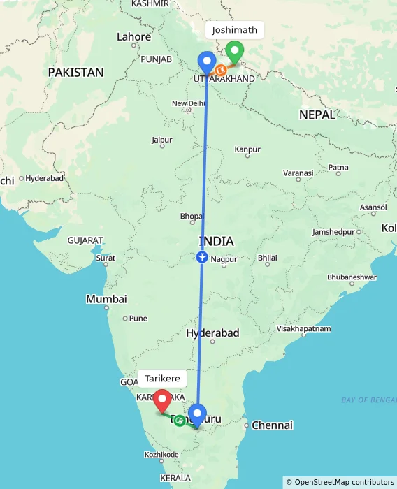 Route map showing distance and travel time from Joshimath, India to Tarikere, India