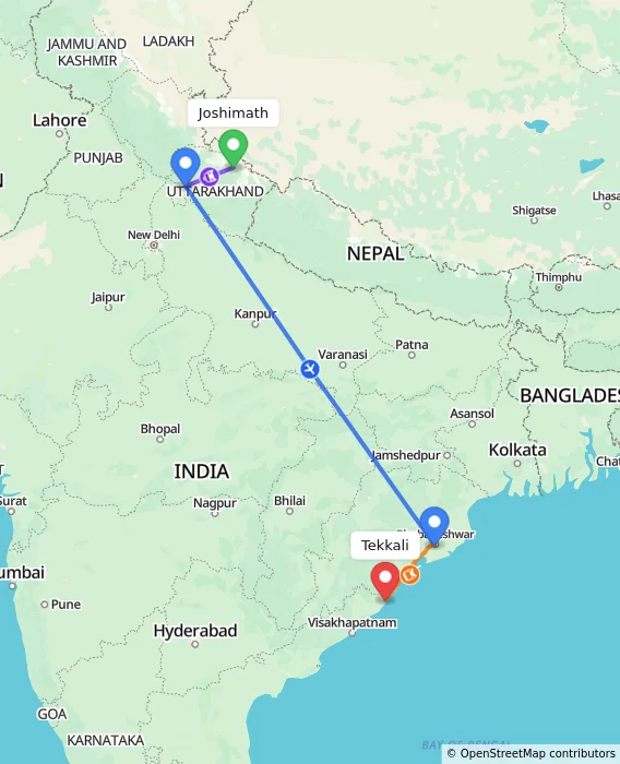 Route map showing distance and travel time from Joshimath, India to Tekkali, India
