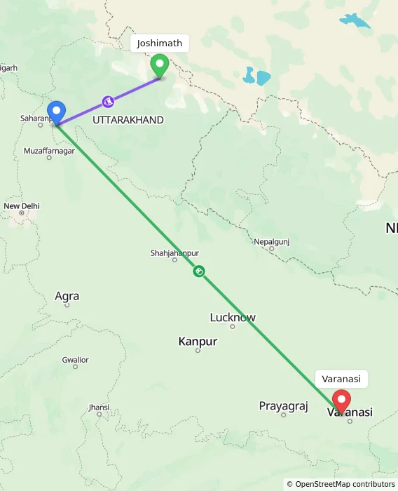 Route map showing distance and travel time from Joshimath, India to Varanasi, India
