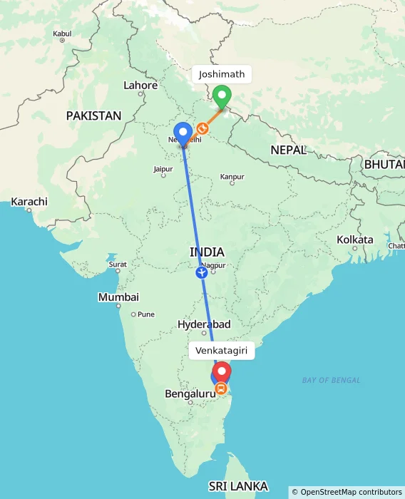 Route map showing distance and travel time from Joshimath, India to Venkatagiri, India