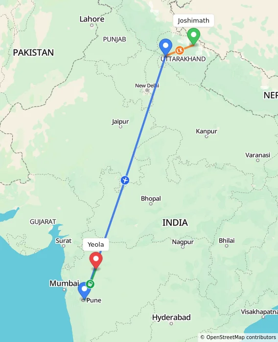 Route map showing distance and travel time from Joshimath, India to Yeola, India