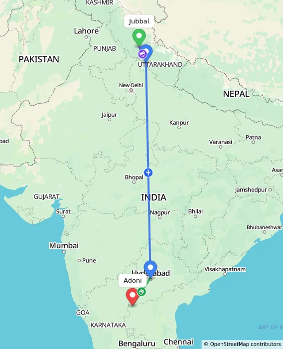 Route map showing distance and travel time from Jubbal, India to Adoni, India