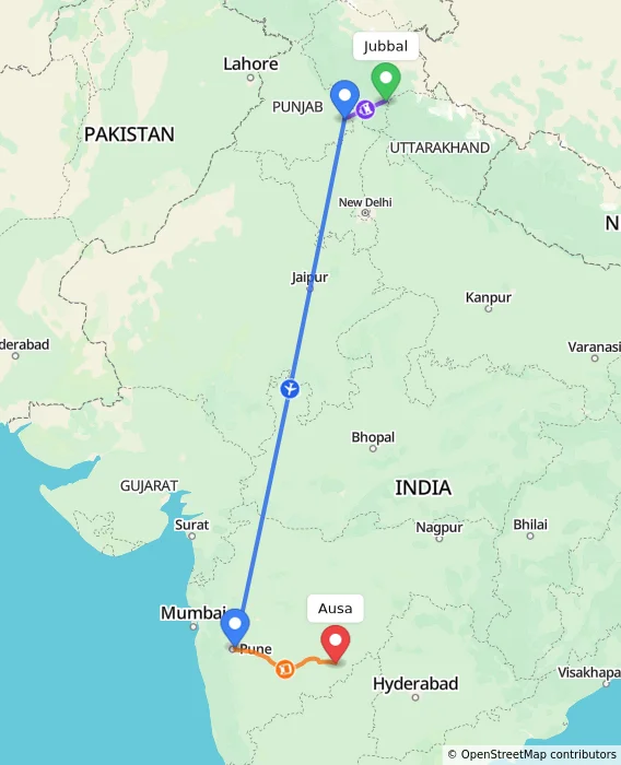 Route map showing distance and travel time from Jubbal, India to Ausa, India
