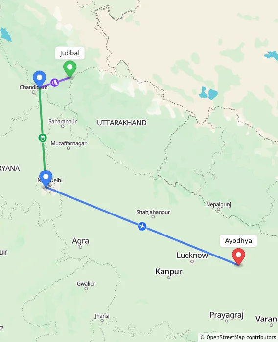 Route map showing distance and travel time from Jubbal, India to Ayodhya, India