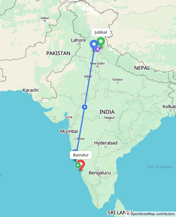Route map showing distance and travel time from Jubbal, India to Baindur, India