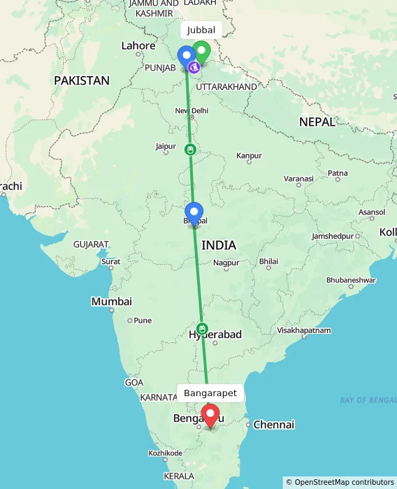 Route map showing distance and travel time from Jubbal, India to Bangarapet, India