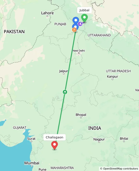 Route map showing distance and travel time from Jubbal, India to Chalisgaon, India