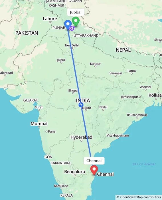 Route map showing distance and travel time from Jubbal, India to Chennai, India