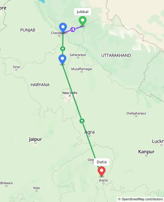 Route map showing distance and travel time from Jubbal, India to Datia, India