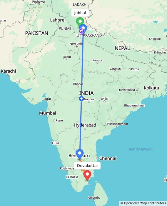 Route map showing distance and travel time from Jubbal, India to Devakottai, India