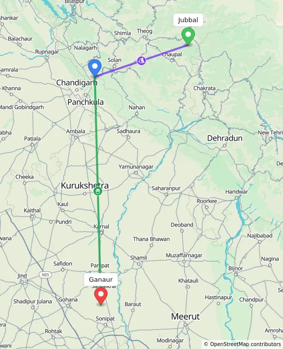 Route map showing distance and travel time from Jubbal, India to Ganaur, India
