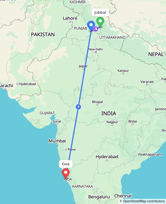 Route map showing distance and travel time from Jubbal, India to Goa, India