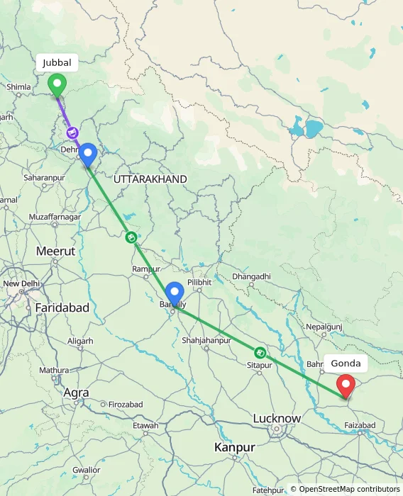 Route map showing distance and travel time from Jubbal, India to Gonda, India