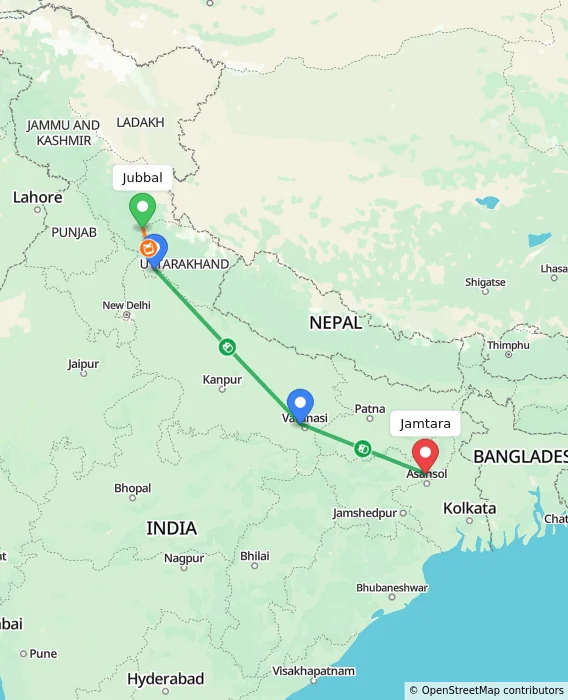 Route map showing distance and travel time from Jubbal, India to Jamtara, India