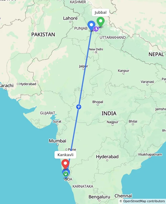 Route map showing distance and travel time from Jubbal, India to Kankavli, India