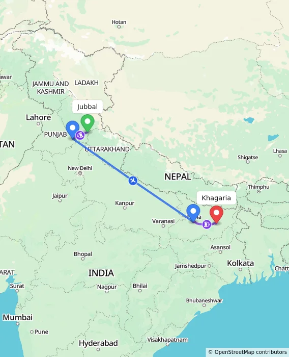 Route map showing distance and travel time from Jubbal, India to Khagaria, India