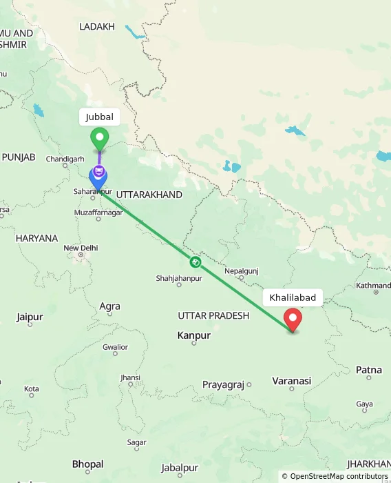 Route map showing distance and travel time from Jubbal, India to Khalilabad, India