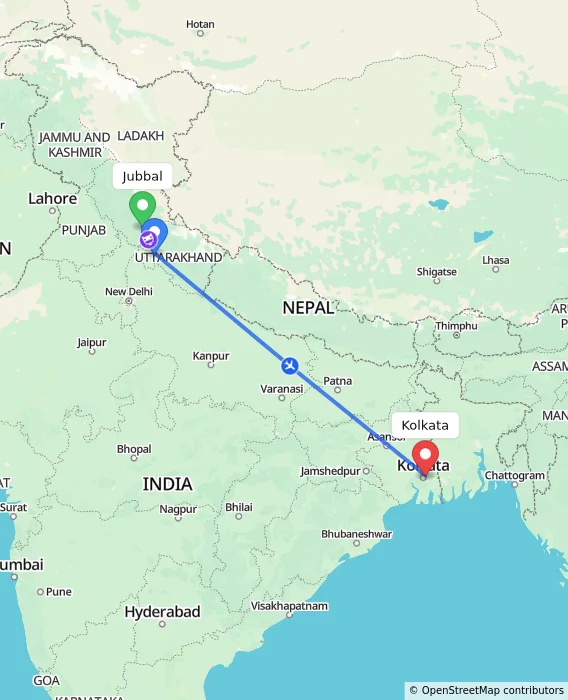 Route map showing distance and travel time from Jubbal, India to Kolkata, India