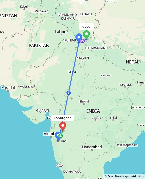 Route map showing distance and travel time from Jubbal, India to Kopargaon, India